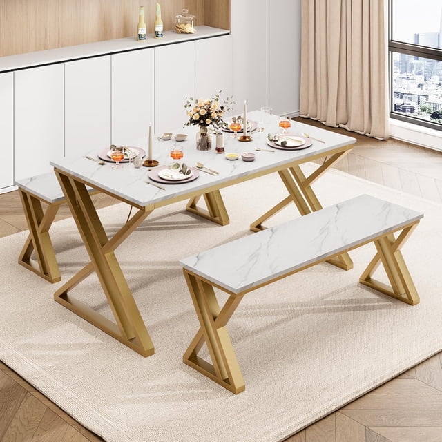 Sturdy metal - framed kitchen dining mesa set para 4 con faux marble tabletop y benches, space - saving para kitchen, dining room o apartment