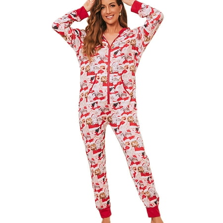 

Women Onsies Sleepwear Christmas Pajamas Hooded Jumpsuit Rompers Clubwear Nightwear Winter Holiday Pjs Playsuit for Ladies Zip Up Cozy Jumpsuit With Pockets