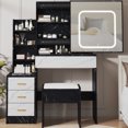 thumbnail image 1 of Gaderth Vanity Desk With Sliding LED Mirror And Power Outlet, Makeup Dressing Table With 4 Drawers, Storage Shelves And Stool, 3 Color Lighting Modes, Bedroom Vanity Set With USB Ports, 1 of 8