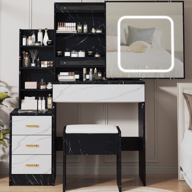 Gaderth Vanity Desk With Sliding LED Mirror And Power Outlet, Makeup Dressing Table With 4 Drawers, Storage Shelves And Stool, 3 Color Lighting Modes, Bedroom Vanity Set With USB Ports
