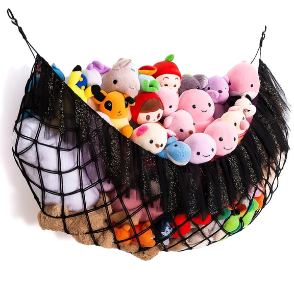 Toy Hammock for Stuffed Animals, Large Cotton Rope Hanging Net, 60-Inch (1.5 Meter) Storage Organizer for Kids' Toys, Black with Golden Tassels, Includes 2 Hooks for Easy Installation