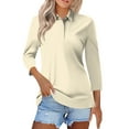 thumbnail image 2 of Womens 3/4 Length Sleeve Polo Shirts Business Work Casual V Neck Collared Tops Button Down Loose Fit Tees Shirts,Beige XL, 2 of 5