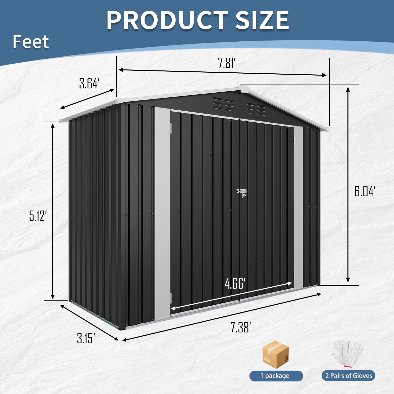 Mintazer 4x8ft Galvanized Steel Outdoor Storage Shed, Metal Garden Tool Storage Building with Vents & 3 Door, Backyard Utility Storage Cabinet for Bikes Patio