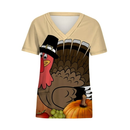 

Ozmmyan Women s Scrubs Tops Short Sleeve V-Neck Thanksgiving Turkey Workwear Tops With Pockets Blouse