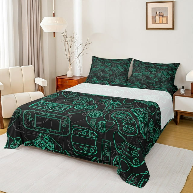 Manfei Gradient Neon Game Controller Queen Sheet Sets, Teens Gamer Gaming Flat Sheet, Green Black Queen Fitted Sheet Breathable Home Decor4 Pieces