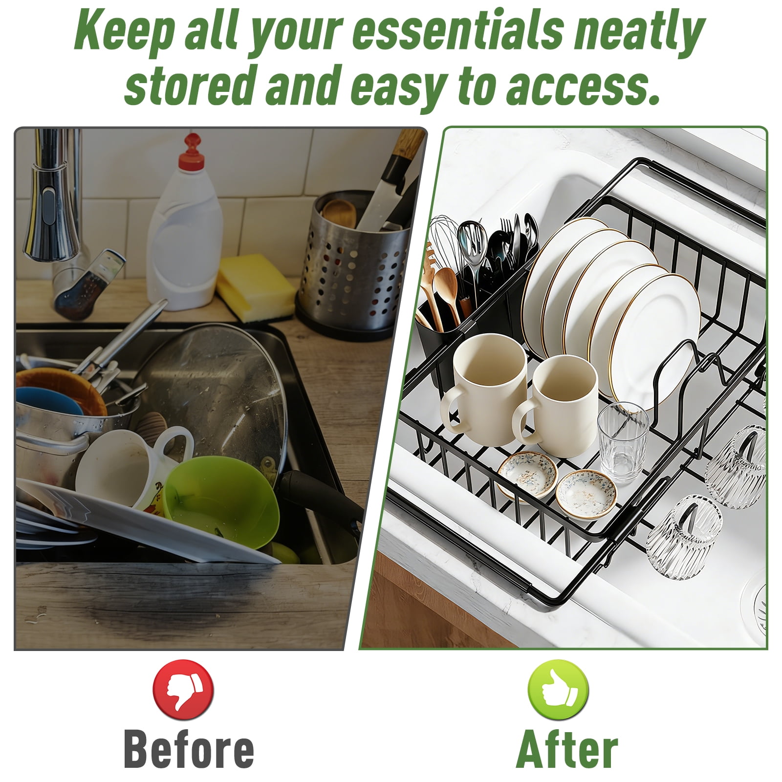 Dish Drying Rack in Sink , Expandable Stainless Steel Dish Rack Over The Sink, Kitchen Sink Drain Strainer with Cutlery Holder & Cup Holders, Fruit and Vegetable Drain Basket,15.74 x 10 x 3 Inch