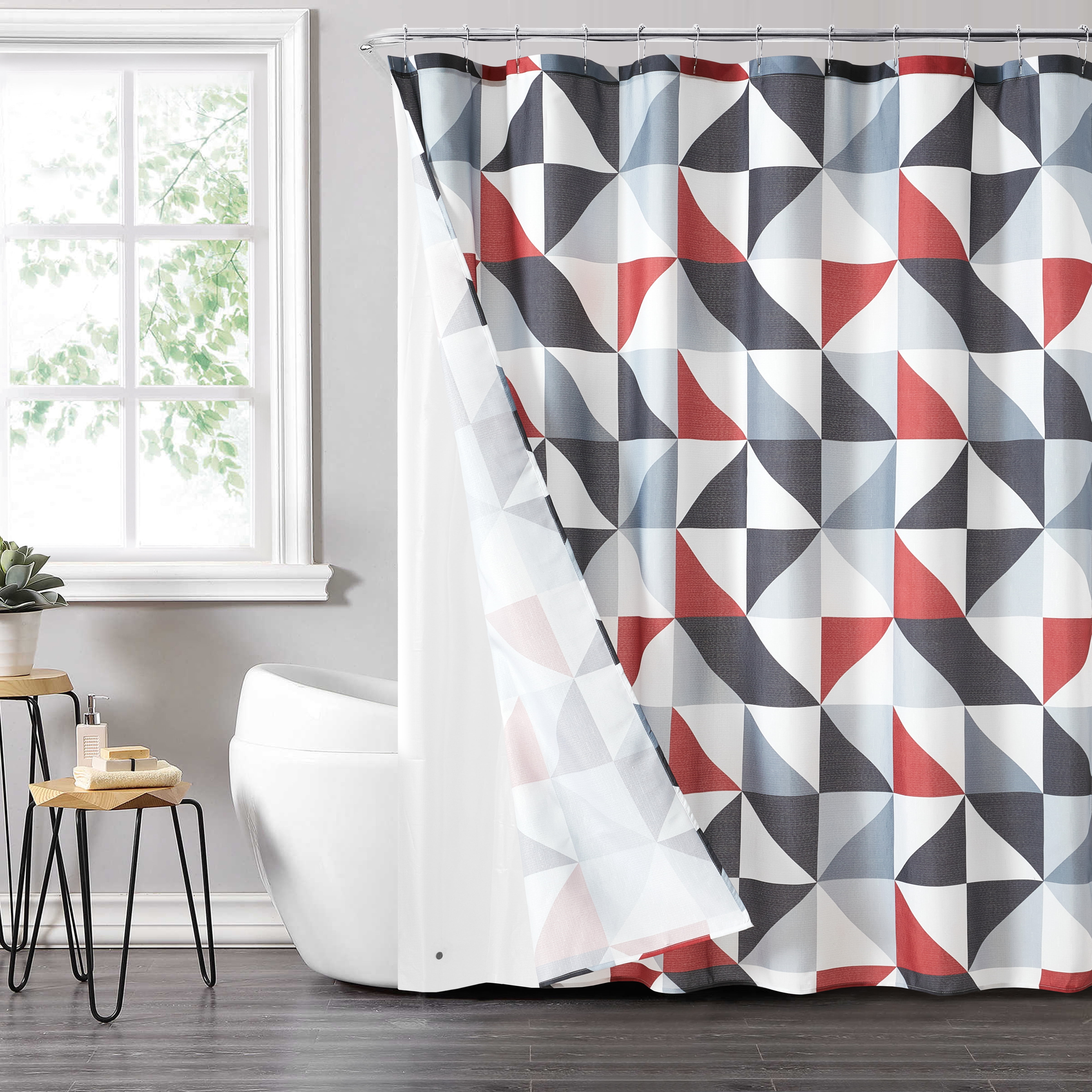 Mainstays 14-Piece Geometric Shower Curtain Set, Red & Black, 72 in x 72 in, Fabric Curtain, PEVA Liner, Hooks