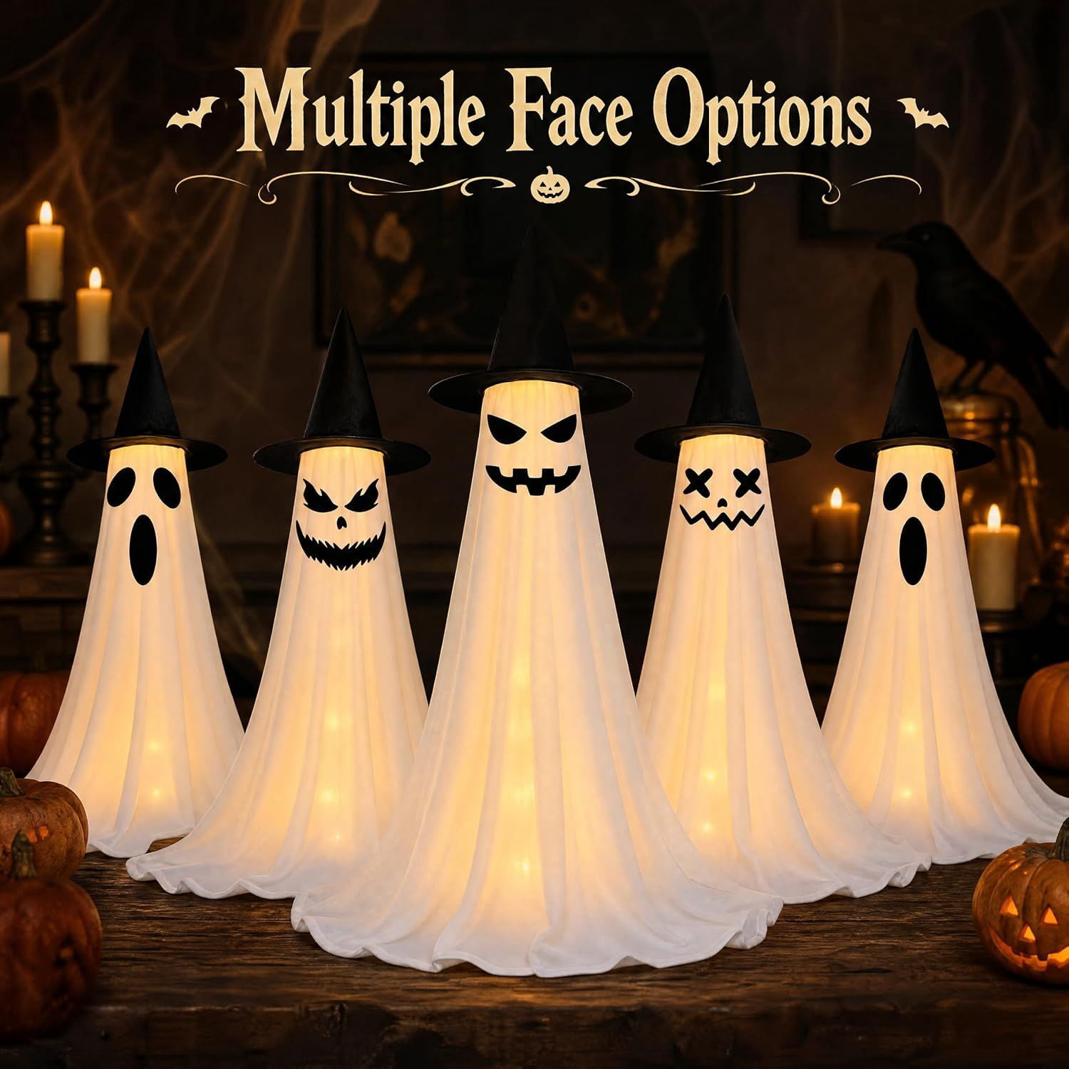Lighted Halloween Ghost Decoration, 2-Piece Set with Adjustable Height 43-63 in, 6 Lighting Modes, Timer, Remote, Interchangeable Face Stickers, Indoor Outdoor Yard Decor