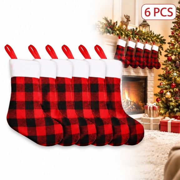 6 Pcs Christmas Stockings Buffalo Plaid 7.5 in Small Red Black Checkered Stocking for Tree Fireplace Holiday Decor