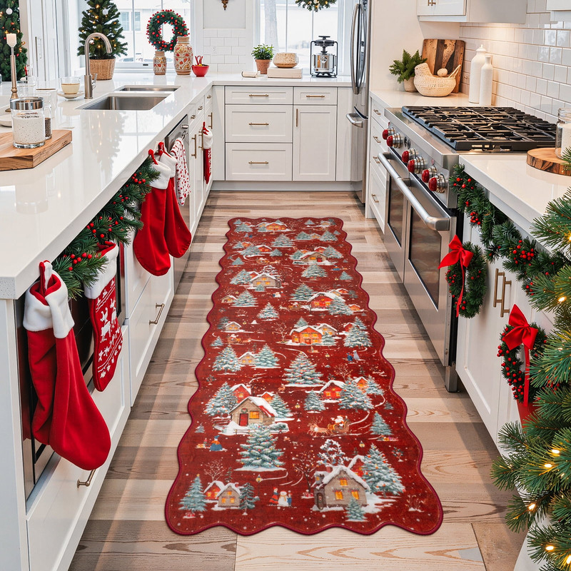Wonnitar Christmas Runner Rug for Hallway, 2x8 Red Kitchen Rug Washable Non Slip, Soft Ultra-Thin Christmas Tree Santa Claus Holiday Decor Runner Carpet for Entrance Bedside