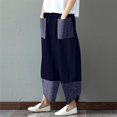 thumbnail image 1 of Pantalons Femmes Décontracté Coton Lin Impression Patchwork Irrégulière Large Pantalon de Jambe Bleu Foncé S, 1 of 8