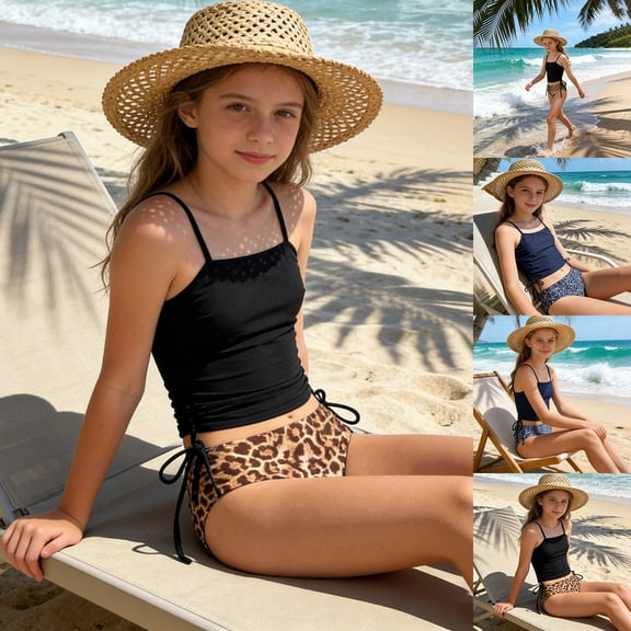 RTKFRFLM Big Girls 2-Piece Bikini Set Leopard Print Racerback Sporty Top & Bottoms for Summer Bathing Suit