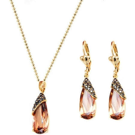 Crystal Elements 18kt Gold-Plated Wrapped Teardrop Earrings and Pendant Necklace Set, 15