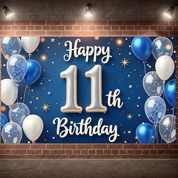 Blue Tone Happy 11th Birthday Banner Glittery Number Birthday Backdrop Sparkle Effect Star Pattern Party Display for Kids' Birthday Party Indoor Celebration Birthday Photo Shoot