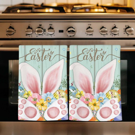 Easter Kitchen Towels Set of 1, Spring Rabbit Ear Eggs Floral Green Wooden Grain Absorbent Dish Towels for Kitchen, Microfiber Hand Towel, Quick Drying Tea Towel for Cleaning Decorative Dishcloths