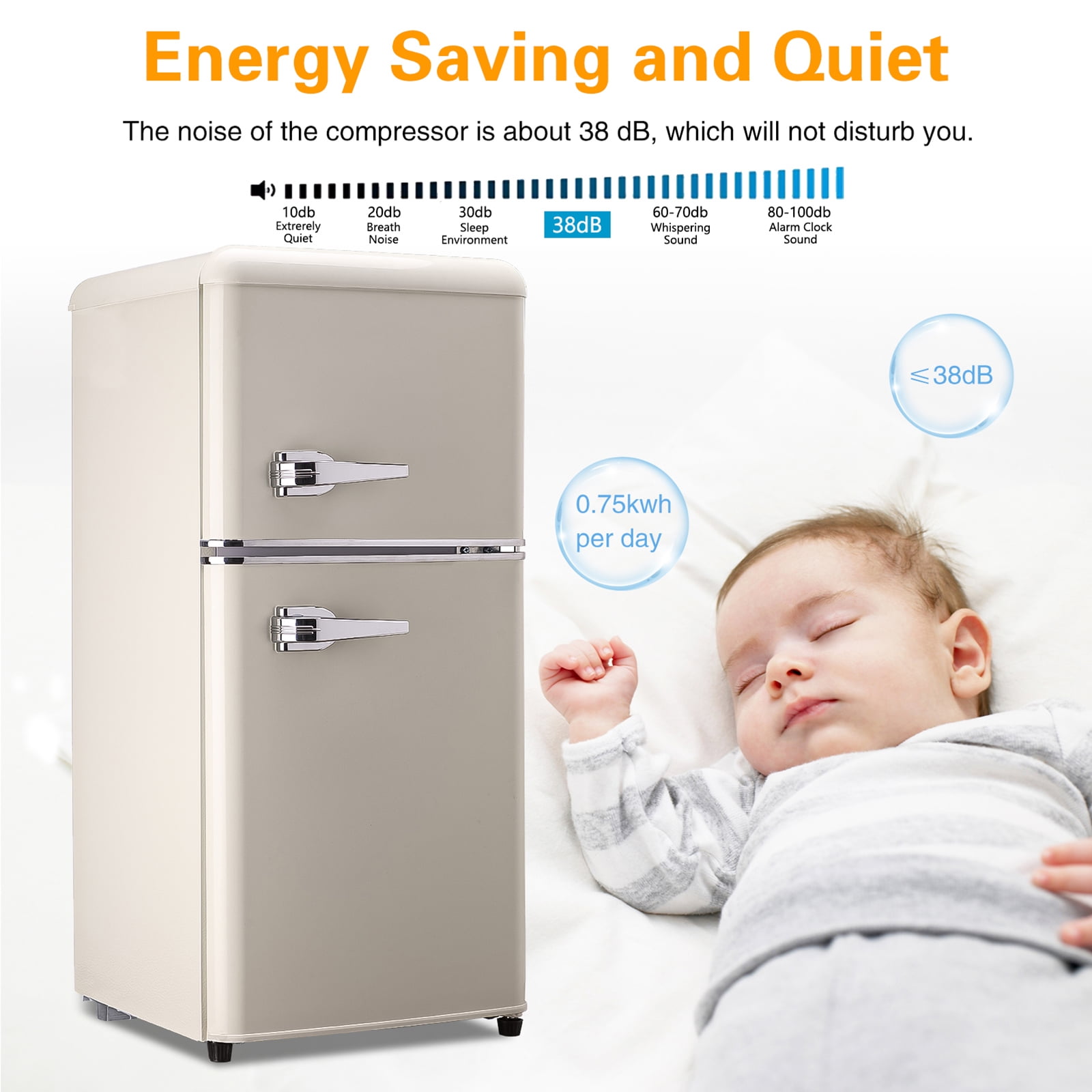 Prilinex 3.2 Cu.ft Mini Refrigerator with Freezer, Retro Small Refrigerator with Adjustable and Removable Double Doors, Energy Saving, Adjustable Thermostat, Low Noise, Cream