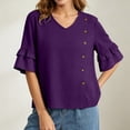 thumbnail image 7 of Ashirexll Short Sleeve Shirts for Women Summer Solid Color V-Neck Three Quarter Pleated Sleeve Button Down Slit Top T-Shirt, 7 of 7