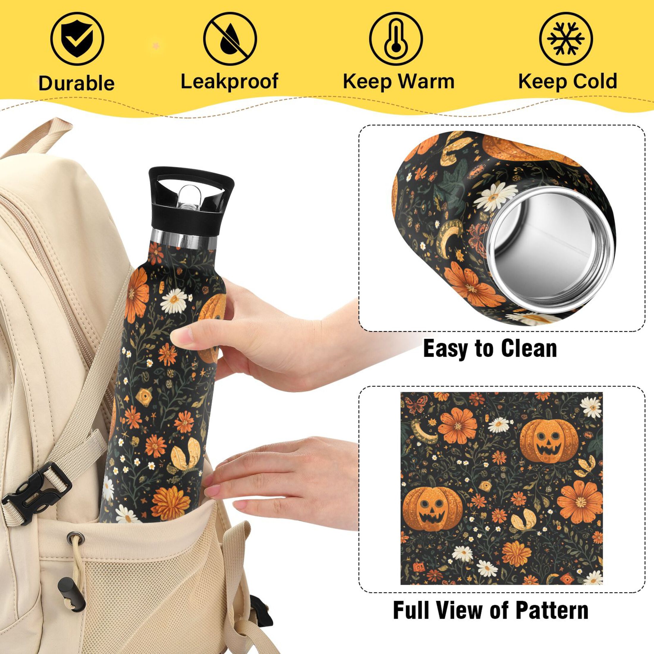600ML Stainless Steel Insulated Cup Sports Water Bottle Portable Thermos Cup Water Glasses Insulated Tumblers Convenient and Durable Cute Halloween Pattern