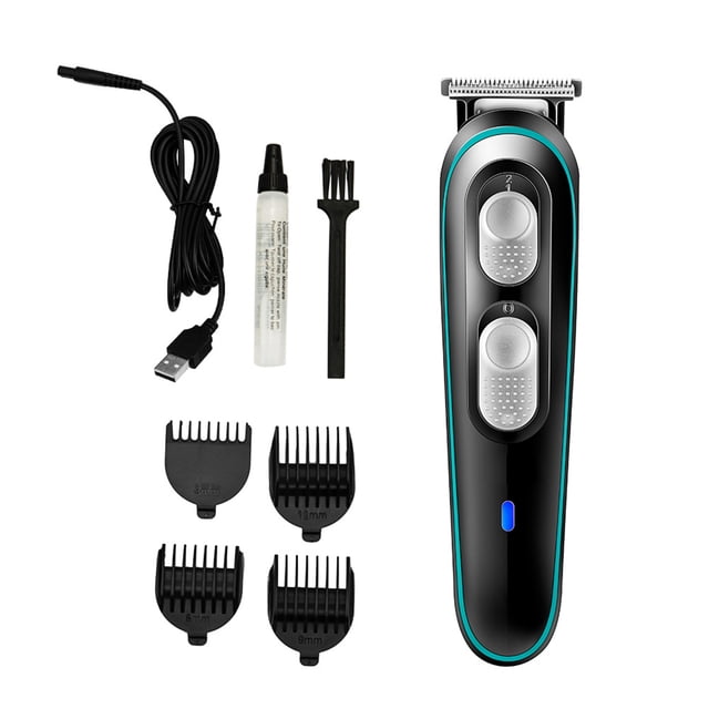 Cortadora de cabello inalámbrica V055 con 4 peines ajustables, cepillo de limpieza y aceite lubricante, ideal para uso en casa o salón.
