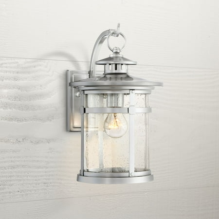 

Franklin Iron Works Industrial Outdoor Wall Light Fixture Chrome 11 1/2 Clear Seedy Glass Lantern for Exterior House Porch Patio
