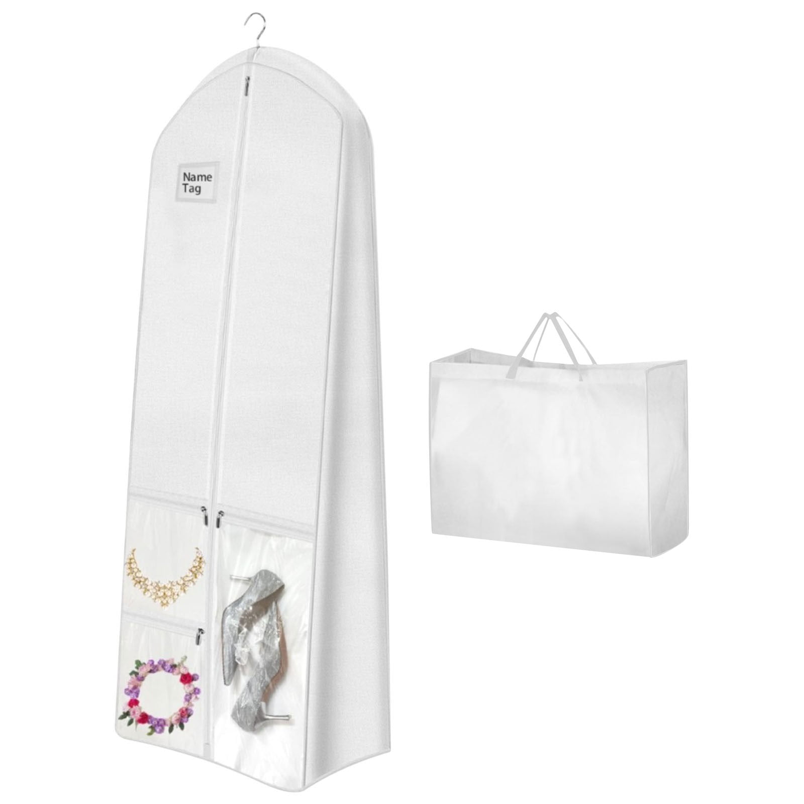 HCBY 71" Wedding Dress Garment Bag with 3 Clear Pockets, Breathable Non-Woven Long Gown Cover with Matching Tote Bag, for Bridal Gowns, Formal Dresses