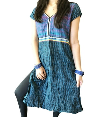 Women Tunic Dress,Blue Printed Tunic Blouse, Handmade Cotton Summer Ethnic Tunic M