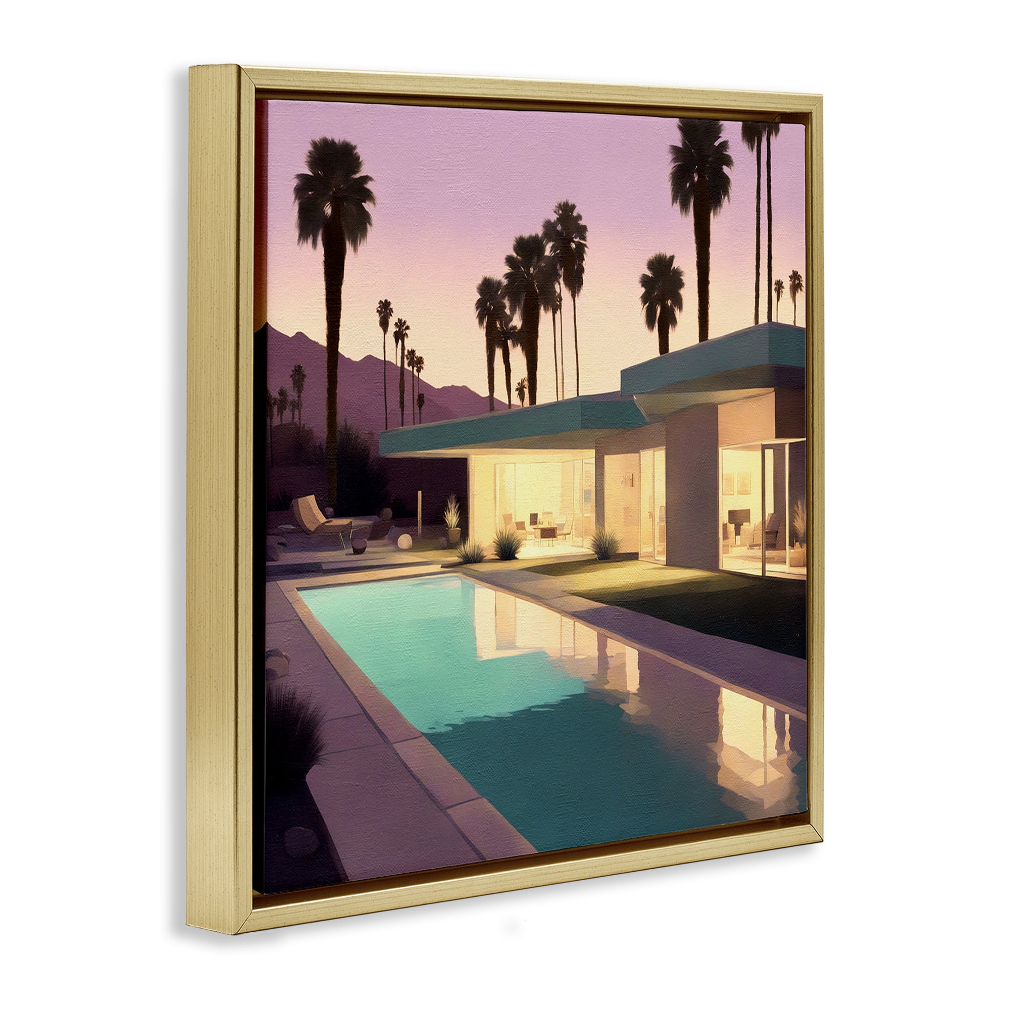Stupell Industries Palm Trees & Pool Villa Landscape & Nature Painting Gold Floater Framed Canvas Art Print Wall Art, 18 x 18