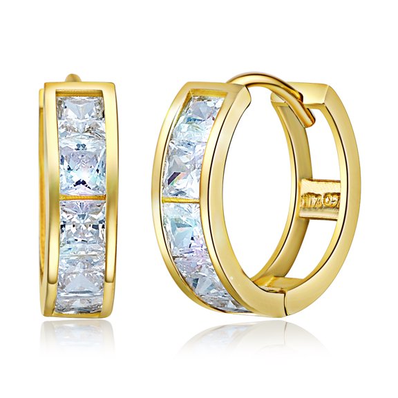 Wellingsale Ladies 14k Yellow Gold Polished 4mm CZ Channel-set Hoop Huggies Earrings (15 x 15 mm)