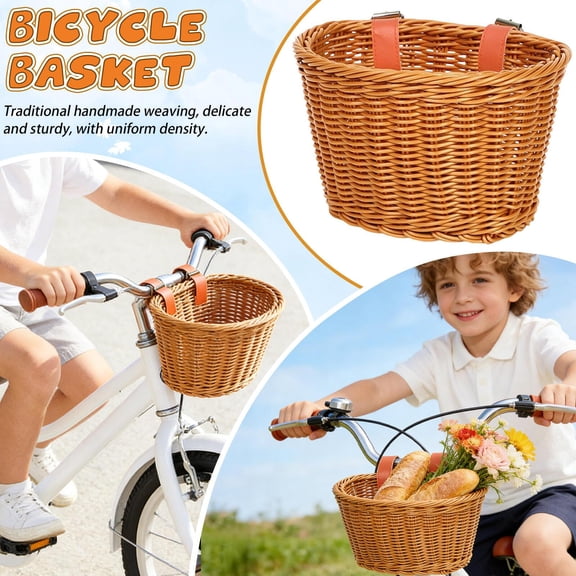 Bike Basket Front, Wicker Storage Basket, 14X11 In, Leather Straps, Outdoor Outings, Tan, 1 Pc
