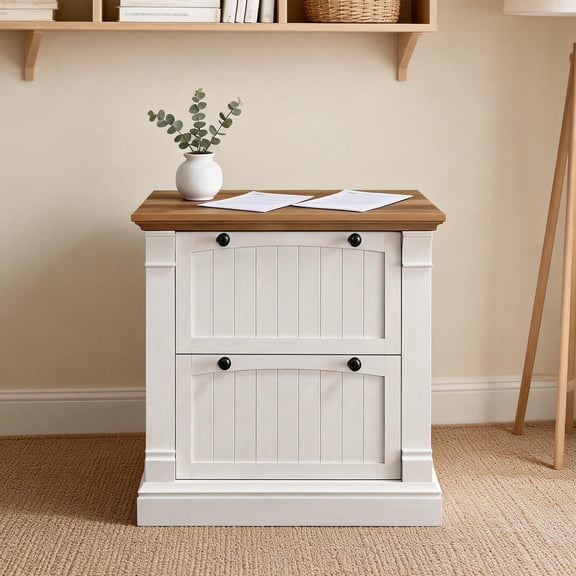 OKD Farmhouse Freestanding Filing Cabinet - 2 Drawers File Cabinet with Lock, 30-inch Countertop and Hanger Rods - Perfect for Study Room and Living Room，Antique White