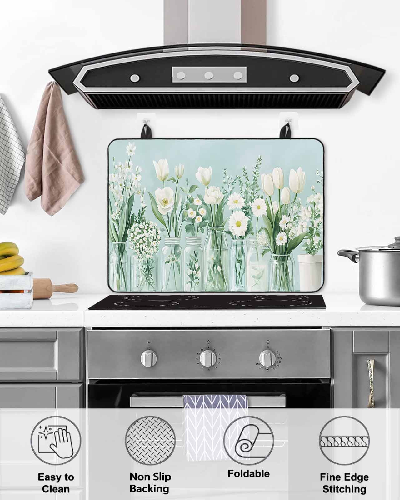 nqOlkjepod Large Induction Cooktop Protector Mat 36"x21", Spring Floral Stove Top Covers for Electric Stove, Summer Daisy Tulip Flowers Teal White Stove Burner Cover Mats, Glass Top Stove Cover