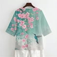 thumbnail image 5 of Xoenoiee Hummingbird Cherry Blossom Print Women's V-Neck Cotton Linen Shirt Top 3/4 Roll-Up Sleeve Summer Casual Loose Blouses Tunic Tops with Button, 3XL, 5 of 7