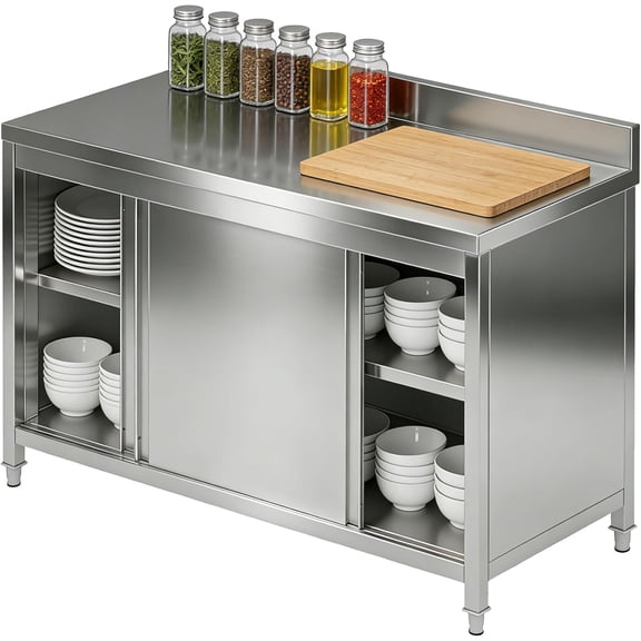 Esheno Commercial Kitchen Work Table 58 x 23.6 inch Stainless Steel with Sliding Door 440 lbs Capacity for Restaurant Garage