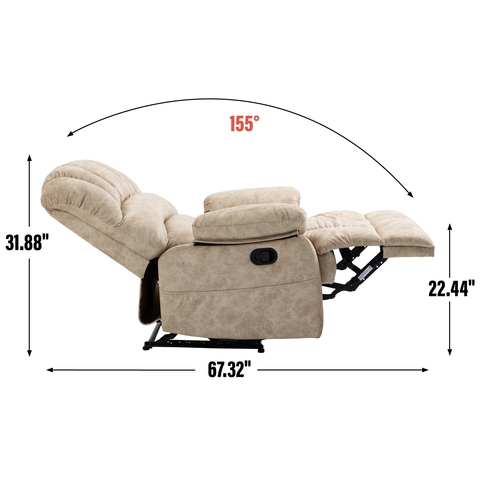 Trustyue  Manual Recliner Chair with Footrest, 40" Wide Push Back Recliner Chair with Three Position and Two Side Pockets, Velvet, Beige
