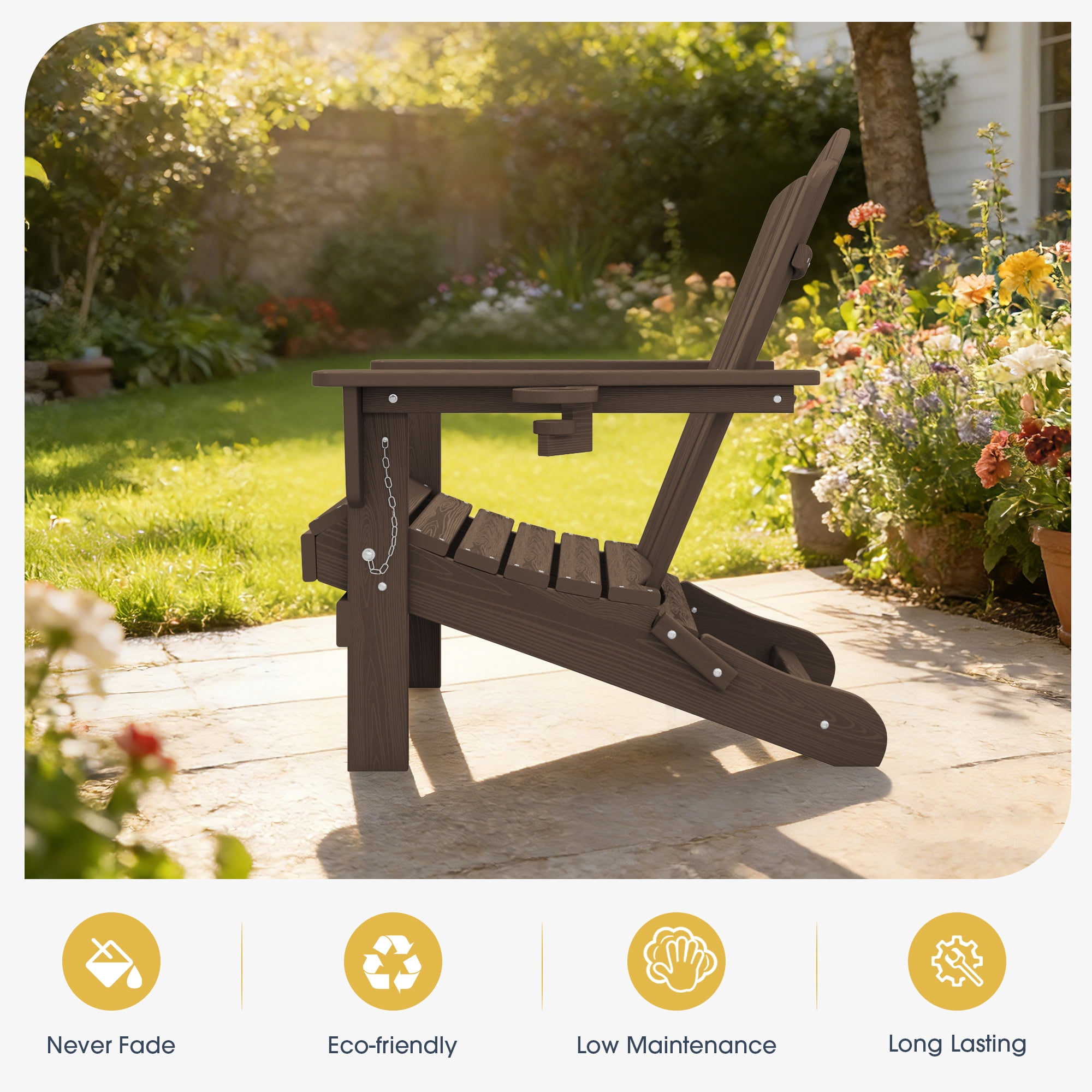 KINGYES Folding Adirondack Chair with Cup Holder, HDPE All-Weather Folding Adirondack Chair, Fir Pit Chairs for Patio Garden Backyard