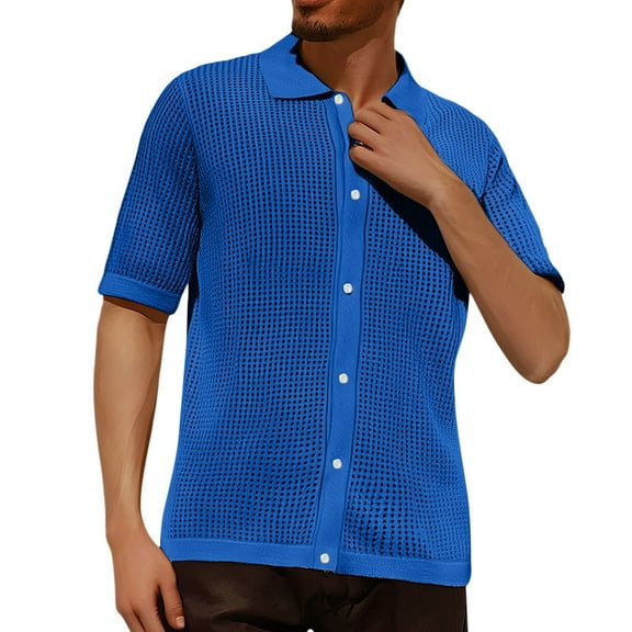 MIXUE Mens Casual Button Down Shirts Solid Color Lapel Summer Fashion Short Sleeve Shirt Tops Daily-Wear,Blue,S