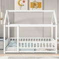 thumbnail image 3 of Montessori Floor Bed, Wood Twin House Bed with Roof and Fence-Shaped Rails, Twin Size Floor Bed for Girls & Boys, White, 3 of 9