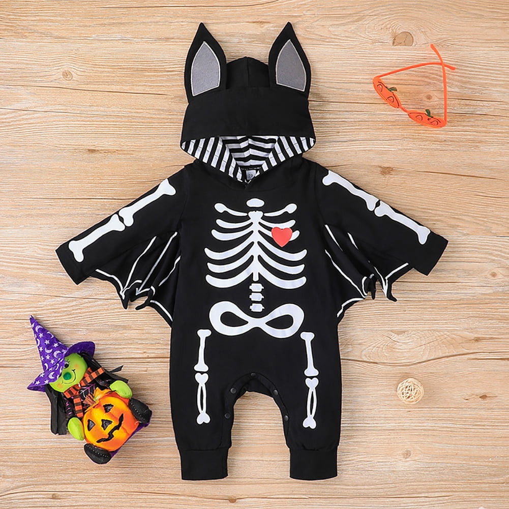IBTOM CASTLE Newborn Baby Bat Costume Halloween Cosplay Cloak Romper with Wings Ears Hoodie My First Halloween Outfit for Boy Girl 6-12 Months Black Skull