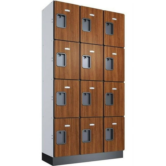 Global Industrial 299225 4-Tier 12 Door Wood Locker - 36 x 15 x 72 in. - Cherry -Assembled