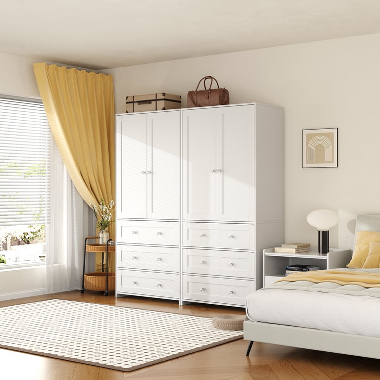 Richya White Wooden Freestanding Wardrobe Closet Cabinet with 3 Drawers,Modern Wood Closet Storage Cabinet for Bedroom, Size: Small