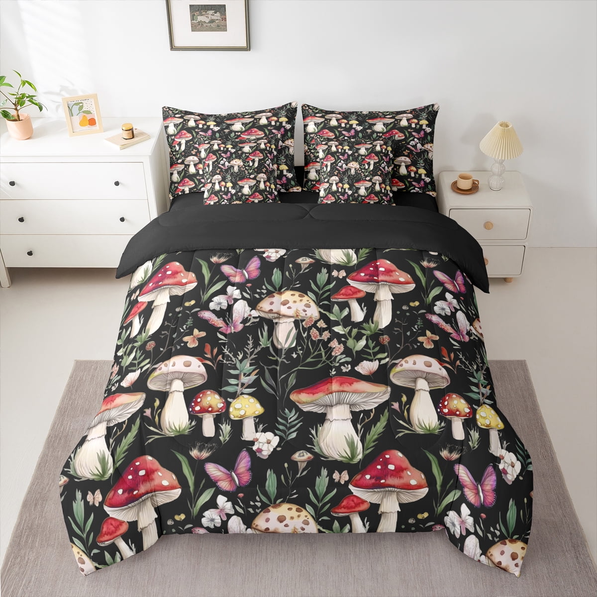 Homewish Kawaii Pink Butterfly 7-Piece King Bedding Set Red Mushroom Rustic Floral Breathable Reversible Decor For Teens