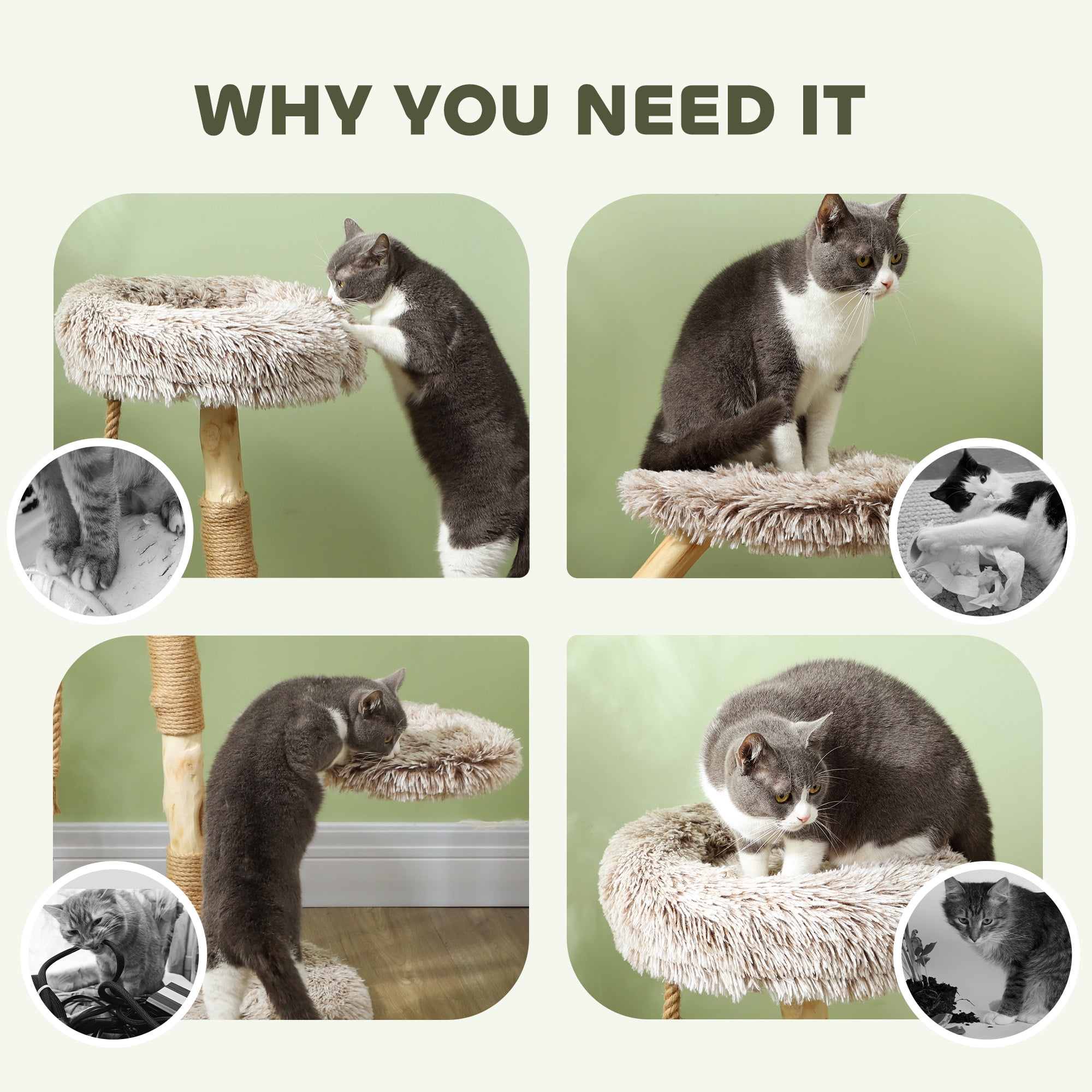 PawHut 35 Inch Moden Cat Tree Tower with Wooden Scratching Post, Brown