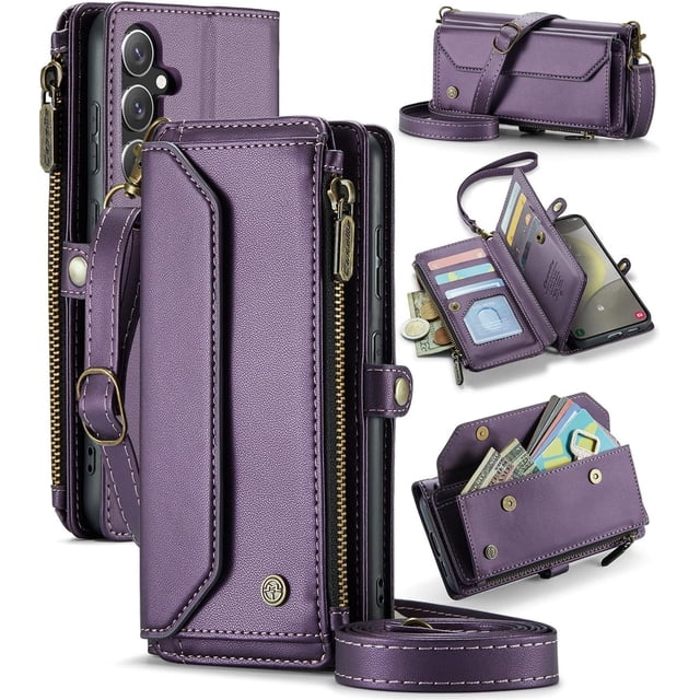Estuche tipo Billetera Compatible con Samsung Galaxy S24 Plus Estuche para Teléfono con Bolsillo con Cremallera y Correa Magnética para el Hombro con Cierre a Presión de Cuero PU