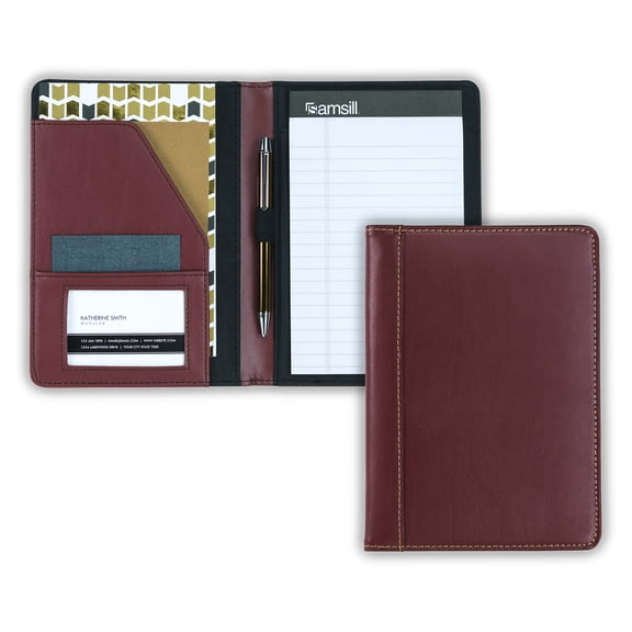 Samsill Contrast Stitch Leather Junior Padfolio, 5"x8" Brown