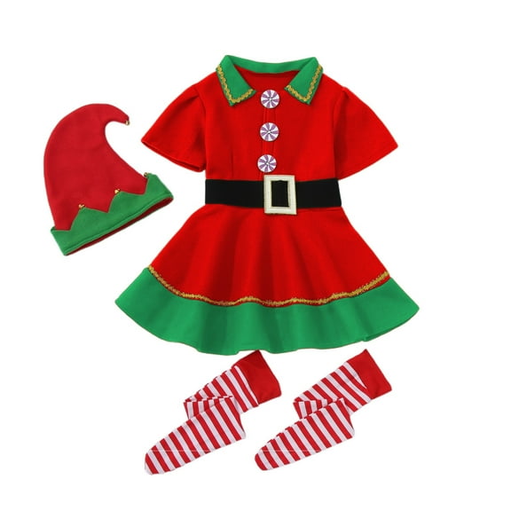 JAJAHO Kids Elf Dress Up Set Girls Christmas Outfits Short Sleeve Turndown Collar Mini Dress With Hat Striped Socks 3 Piece Performance Elegant Party Wear Comfort Outfit