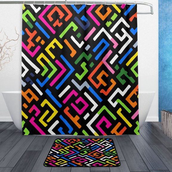 TTYFWHD 60" x 72" Shower Curtain and Bath Mat Set Multicolor Geometric Puzzle Waterproof Bathroom Curtain with 12 Hooks, Bathroom Decor Set