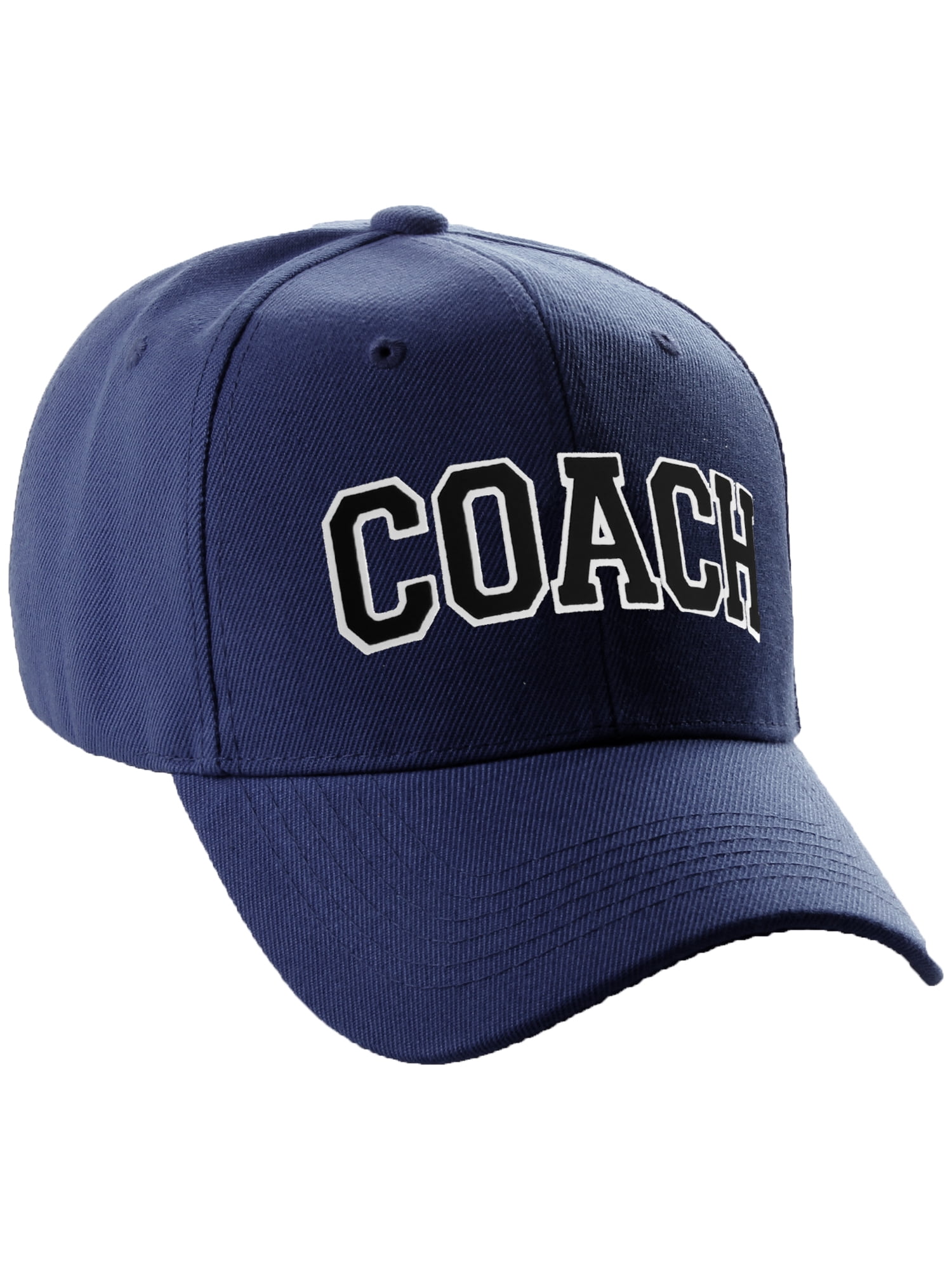 Structured Baseball Hat Classic Team Coach Arched Letters Adjustable Curved  Cap, Navy Hat White Black Letters