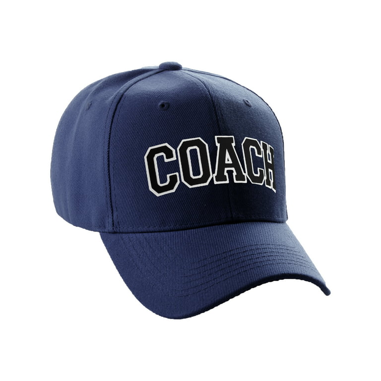 Team Hat Navy Structured White Classic Coach Arched Cap, Baseball Adjustable Curved Letters Black Letters Hat
