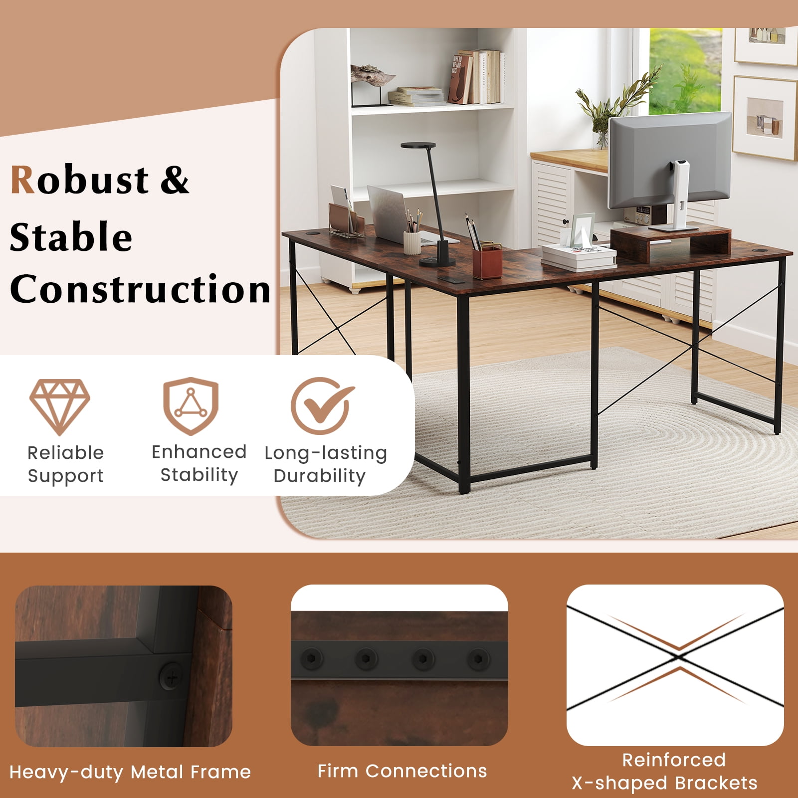 Giantex 95 Inch Reversible Corner Desk, L-Shaped Computer Desk w/Monitor Stand & 3 Cable Holes, 2-Person Long Study Writing Desk for ome Office, Rustic Brown