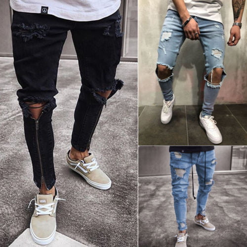Men's Ripped Jeans Super Skinny Slim Fit Denim Pants Destroyed Frayed Trousers 